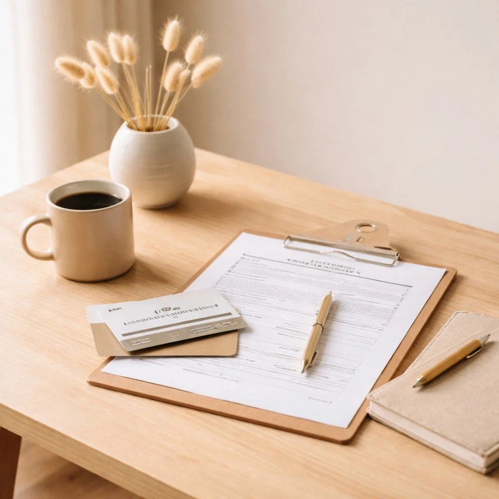 Minimal desk with insurance paperwork representing online therapy insurance options in Missouri.