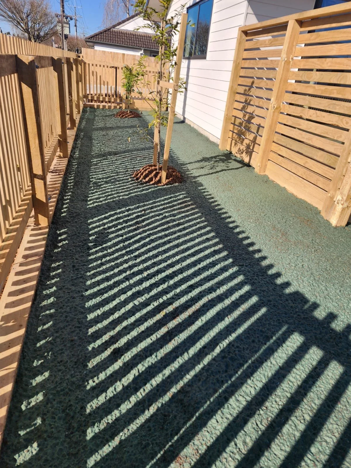 Shade from a wooden fence casts a striped pattern on a landscaped backyard with young trees, a white house, and a hillside in the background.