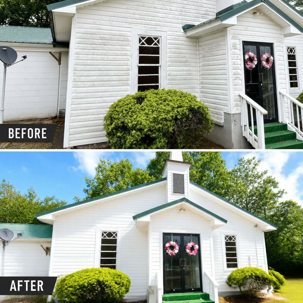 Transformation of a house exterior from dull and aged to bright and fresh. The 'Before' image shows a house with weathered white siding, a small bush obscuring part of the wall, and a satellite dish. The 'After' image displays a freshly painted house with clean white siding, bright green steps, and neatly trimmed bushes, with clear blue sky and lush green trees in the background.