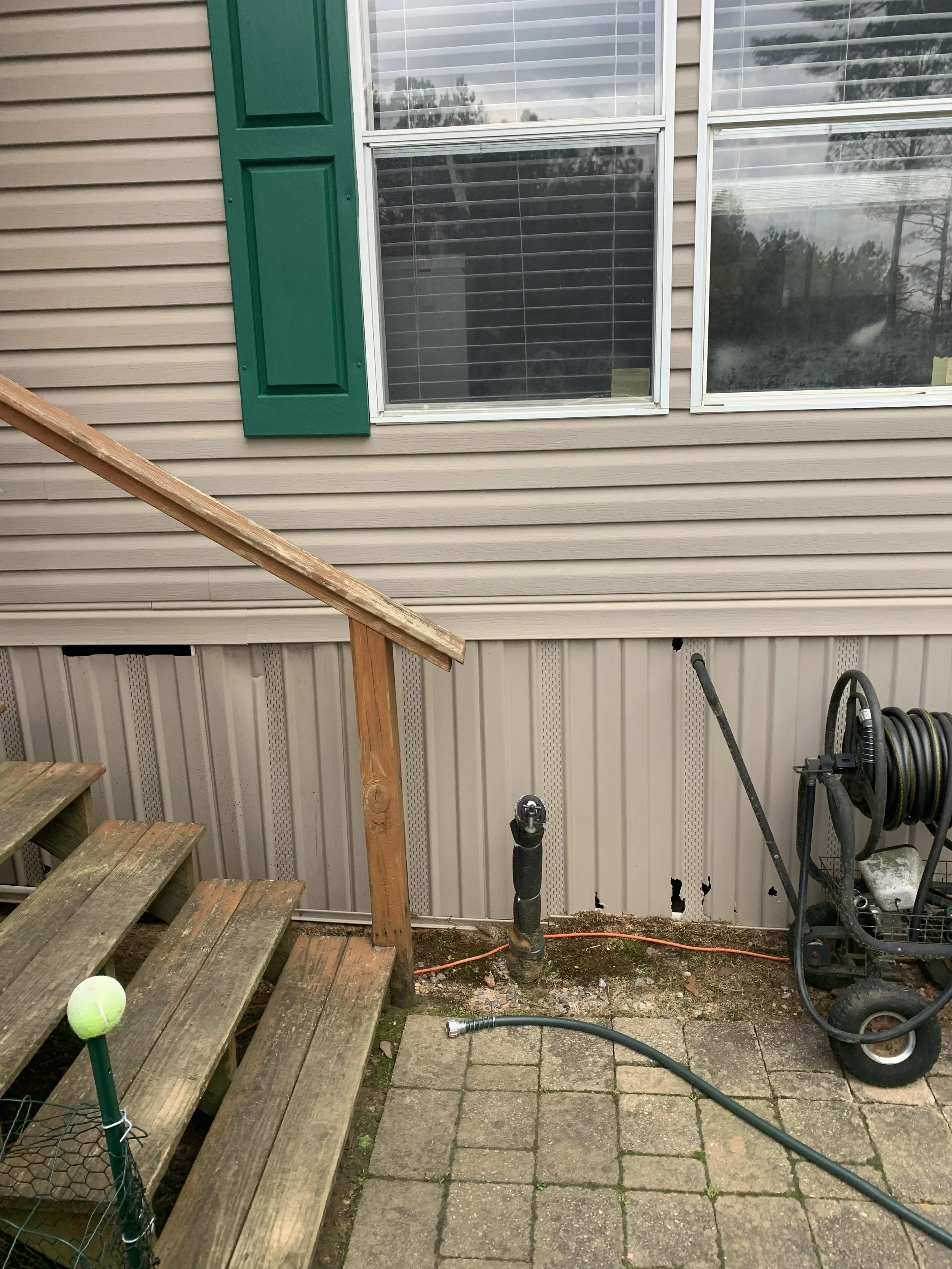 Back of house with beige siding, green window shutter, and two large windows, with wooden stairs, a tennis ball on a stick, a garden hose, and a pressure washer on a dirt and paved surface.