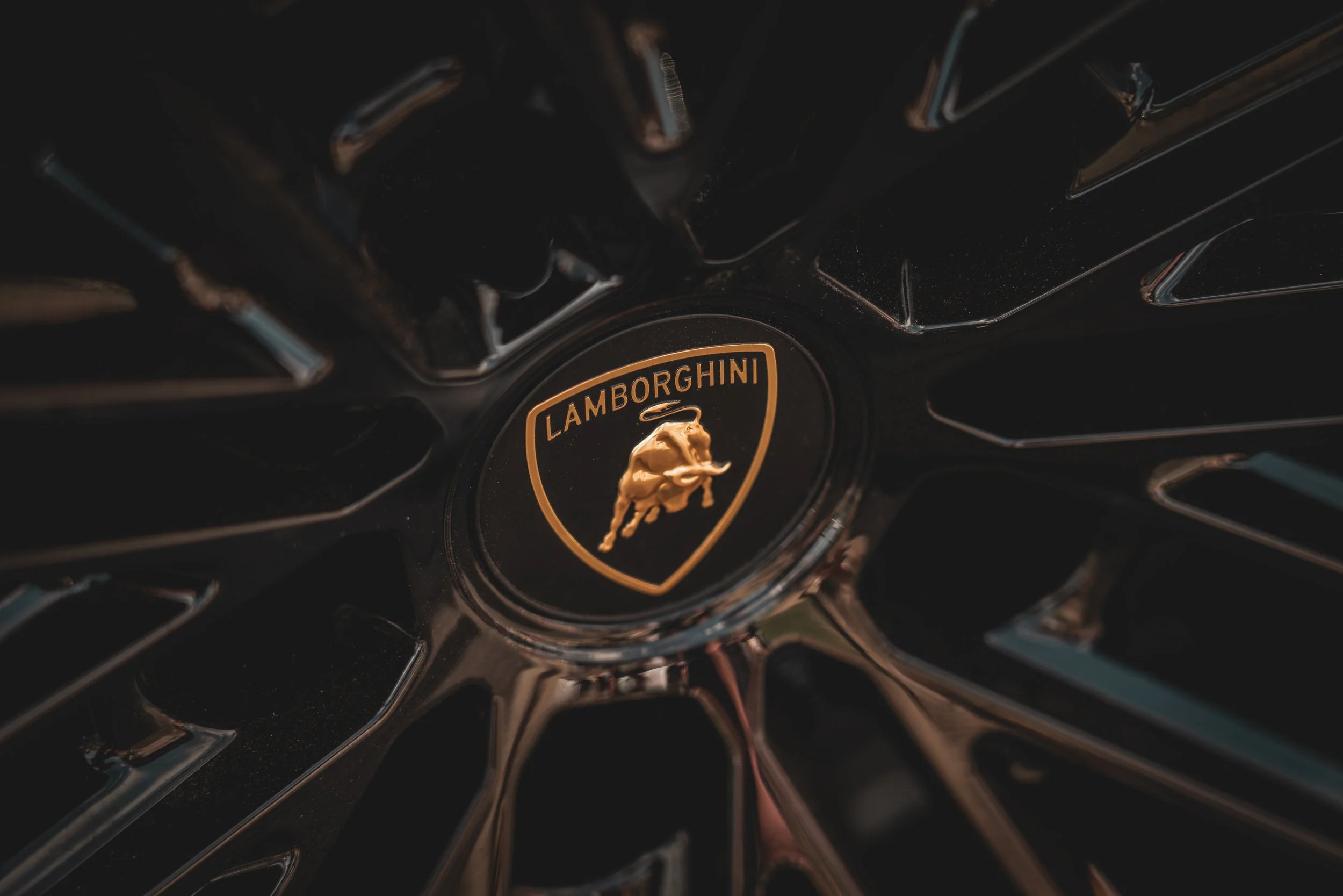 Close-up of a Lamborghini wheel with a black and gold emblem featuring a charging bull.