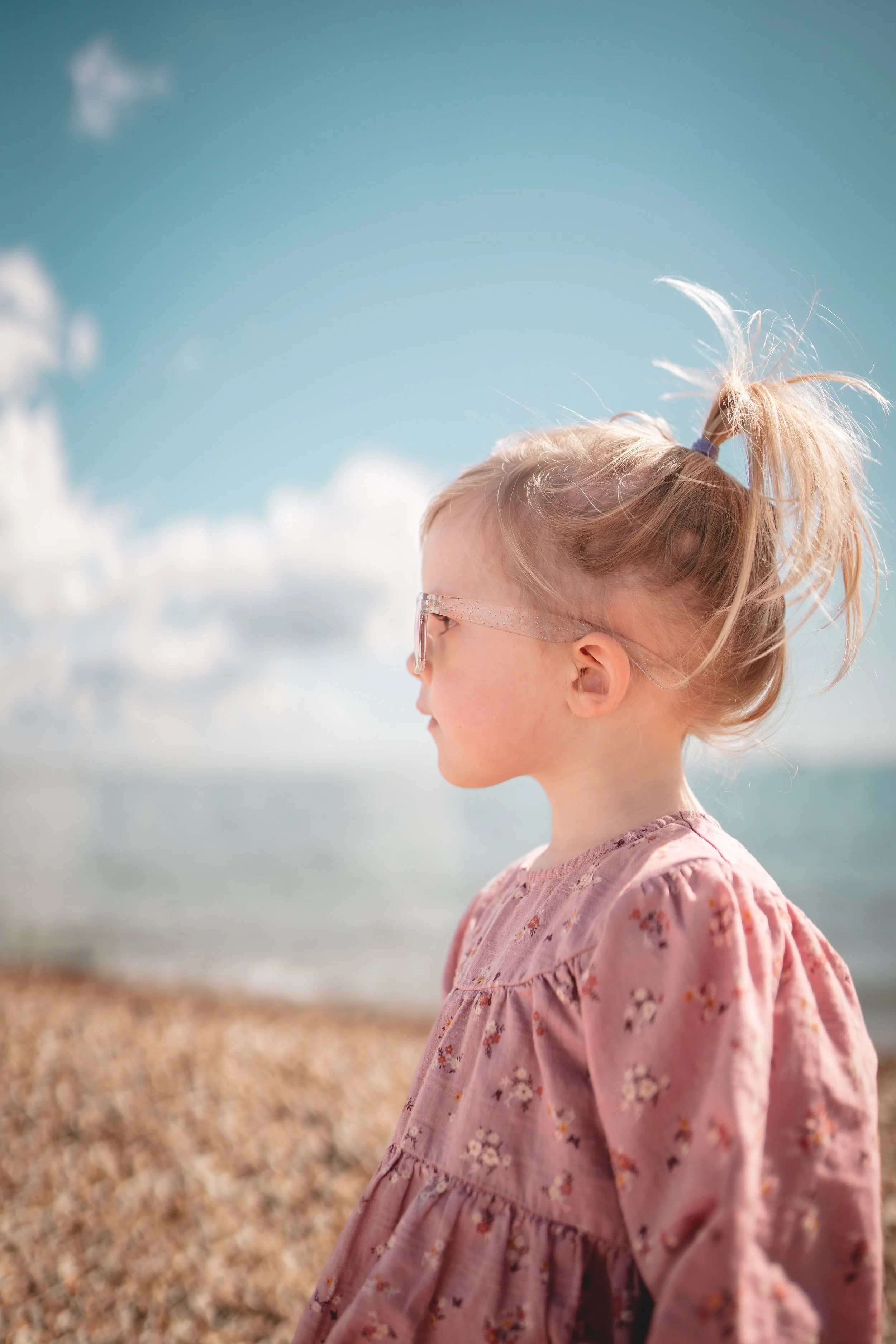 Profile of a young girl with blonde hair in a ponytail, wearing glasses and a pink floral dress, standing on a beach with the ocean and sky in the background.