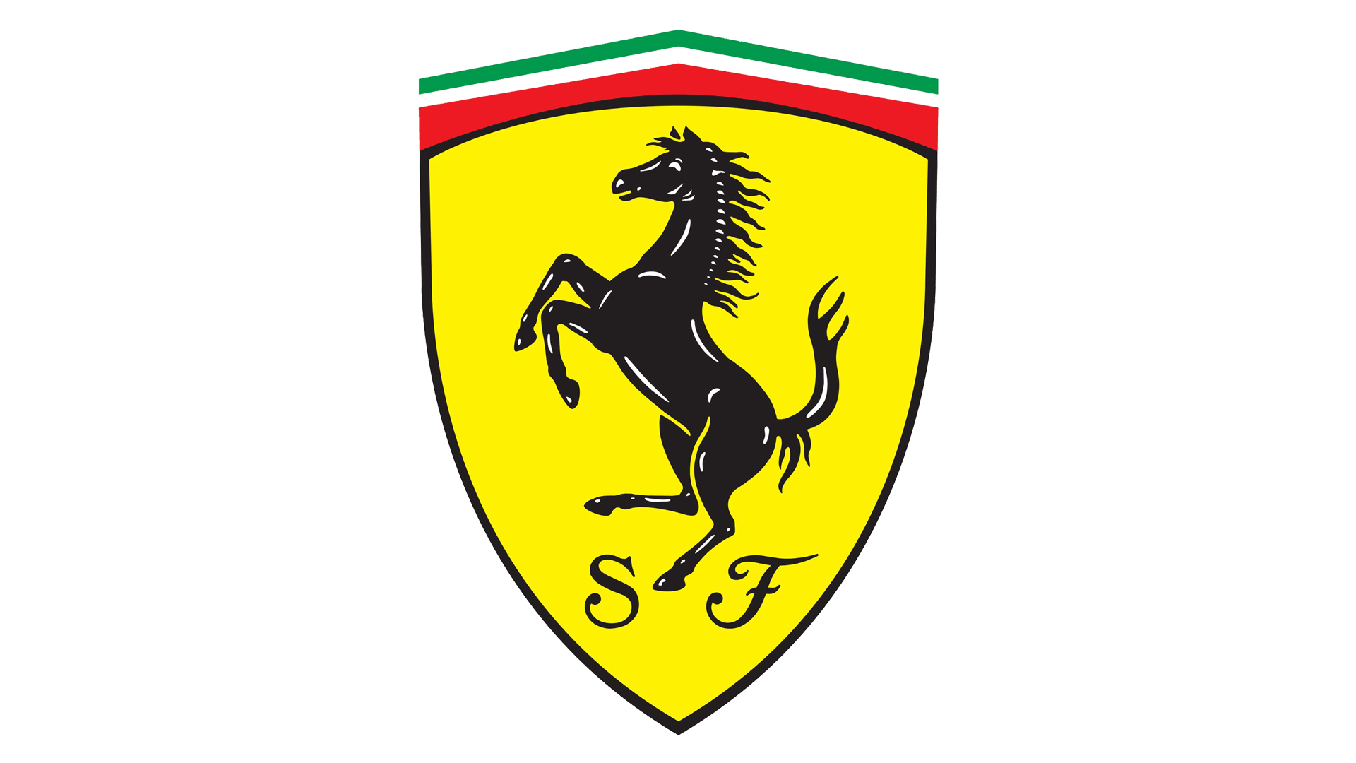 Ferrari logo featuring a black prancing horse on a yellow shield with S F at the bottom and a green, white, and red stripe at the top.
