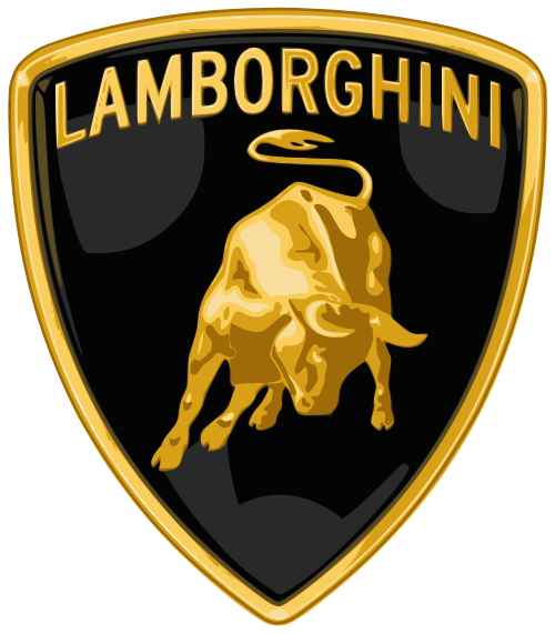 Lamborghini logo featuring a golden bull on a black shield with gold border and the word 'Lamborghini' at the top