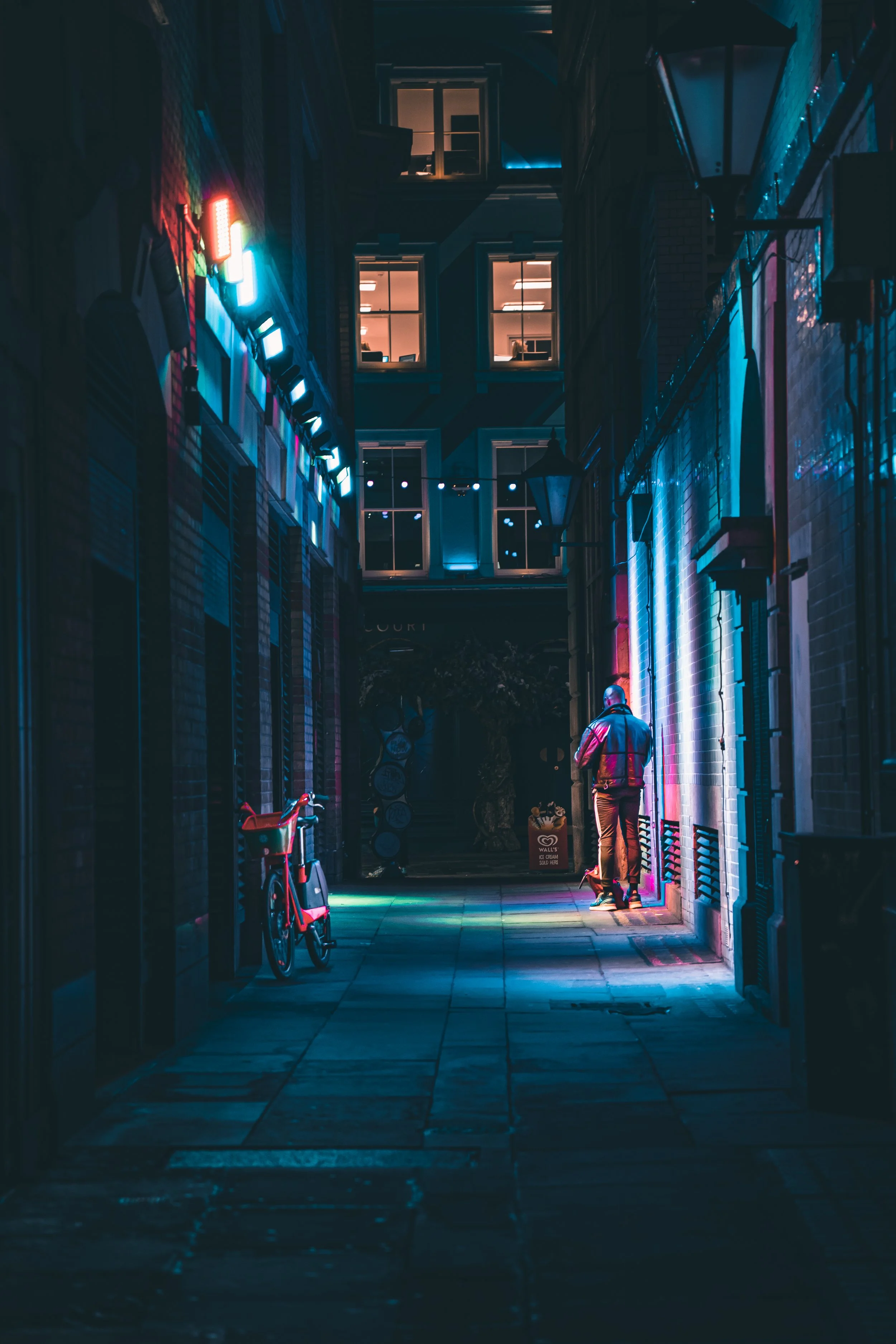 A narrow alleyway illuminated with colorful neon lights, with a person and a small dog standing near a building, and a bicycle leaning against the wall.