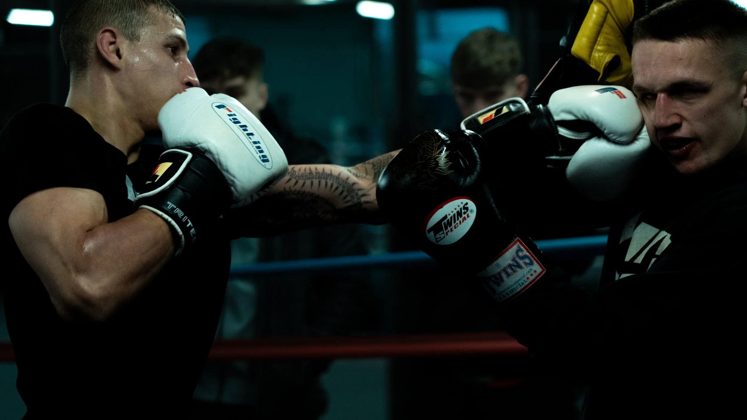 Two young male boxers sparring in a gym, one wearing white gloves and the other black gloves, engaged in a training session.