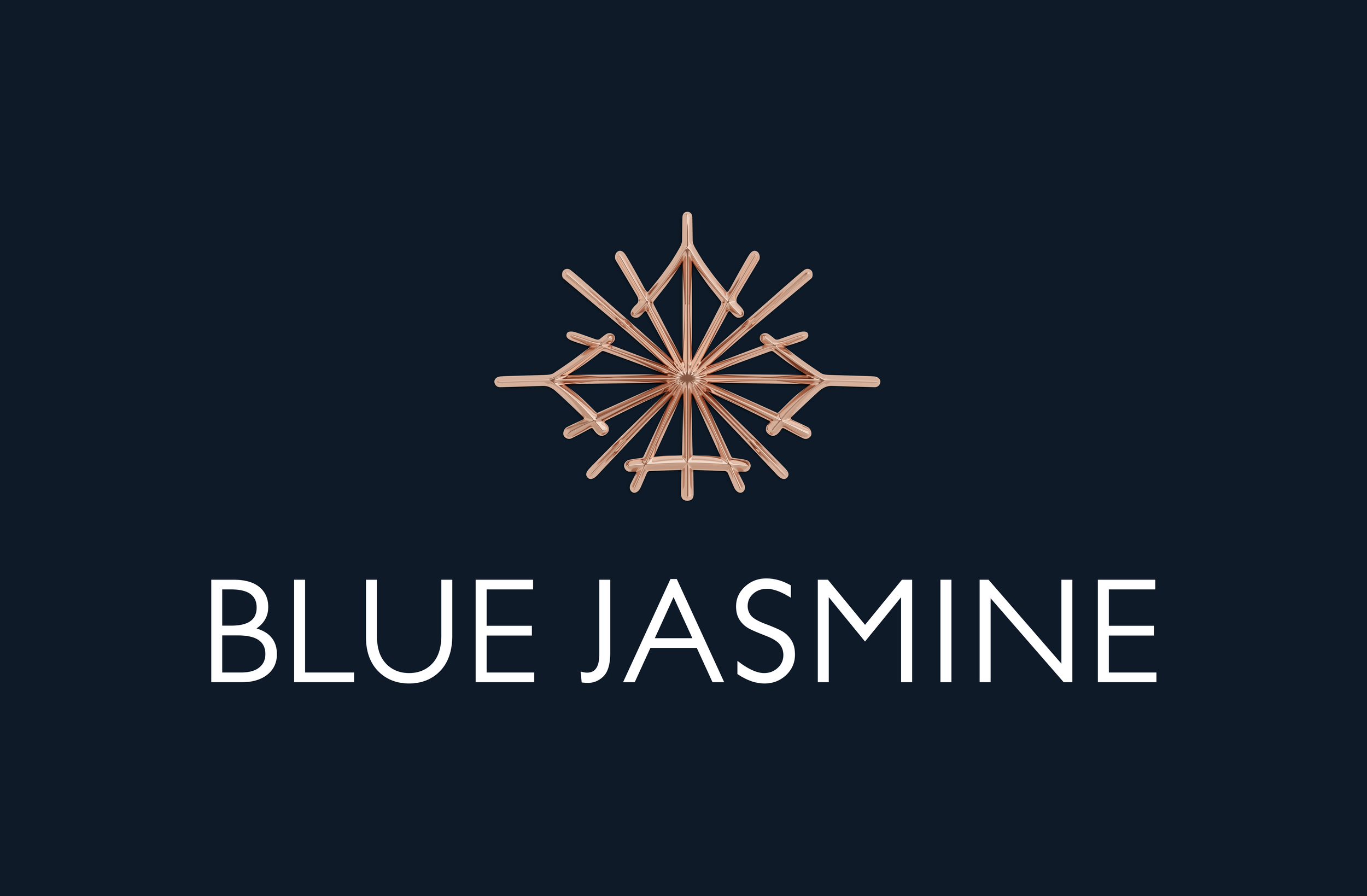 Logo for Blue Jasmine featuring a stylized geometric flower design in rose gold above the text 'BLUE JASMINE' on a dark blue background.