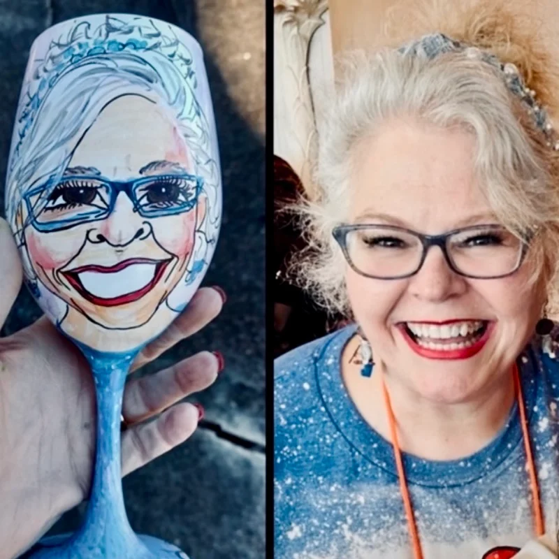 A side-by-side comparison image of a photo of an older woman smiling wearing blue glasses and a blue shirt. The left side shows a hand-painted portrait of her on a wine glass with blue accents. On the right is the reference photograph of her smiling.