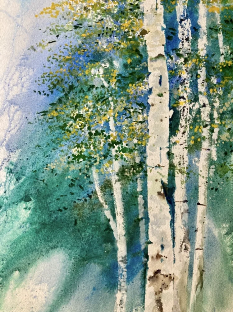 Watercolor painting of a group of birch trees with green and blue foliage.