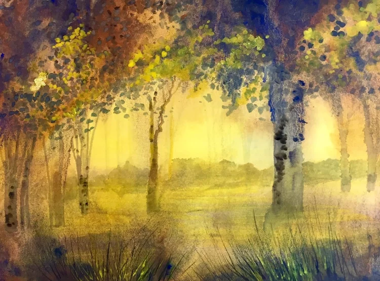 A watercolor painting of a forest with tall trees and sunlight filtering through the leaves, creating a peaceful atmosphere.