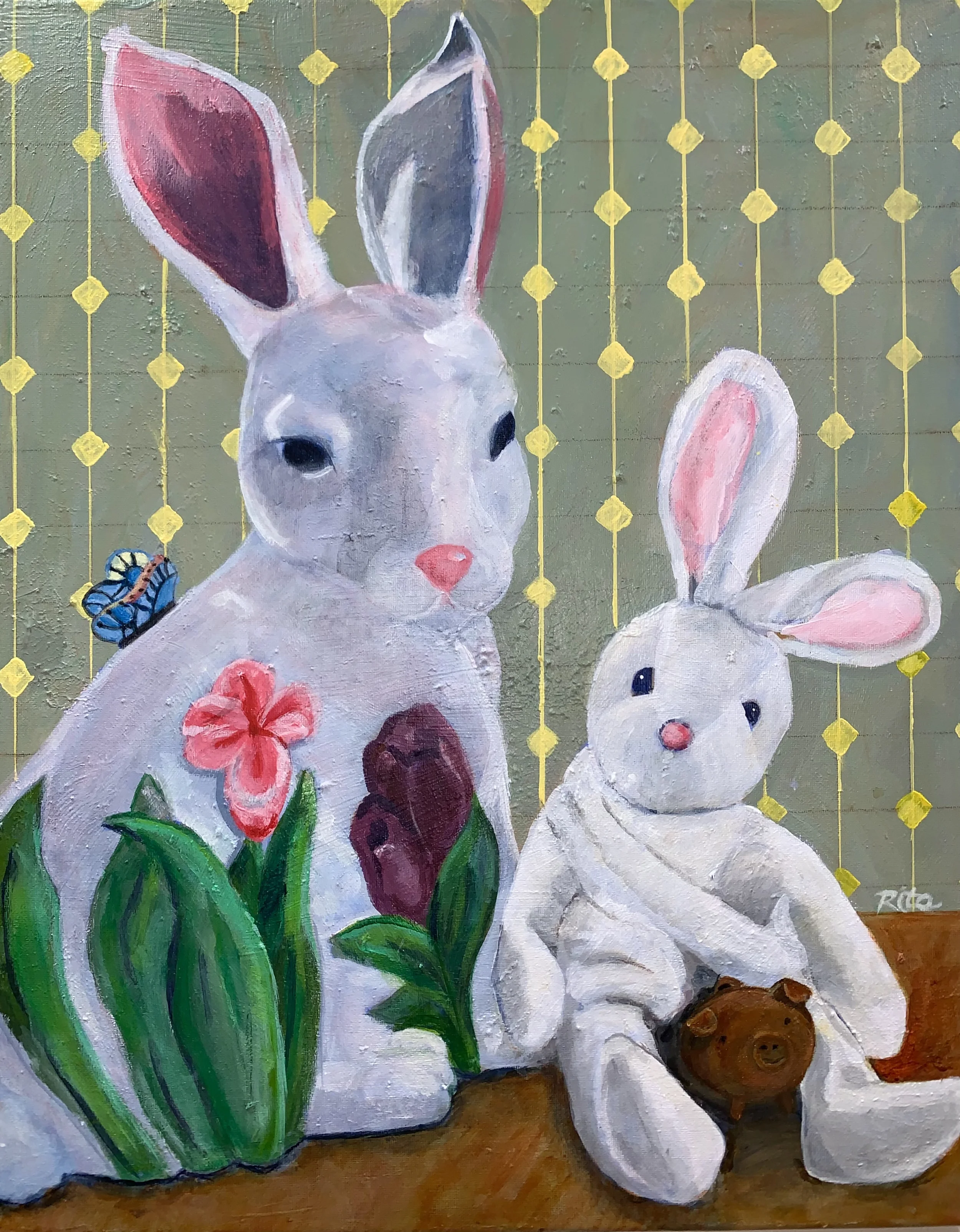 Painting of two white rabbits, one larger with painted flowers and a butterfly, one smaller holding a teddy bear, against a yellow and green patterned background.