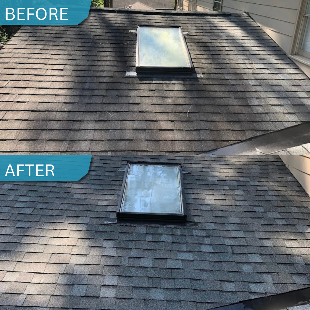 Close-up of a roof with asphalt shingles and a skylight window.