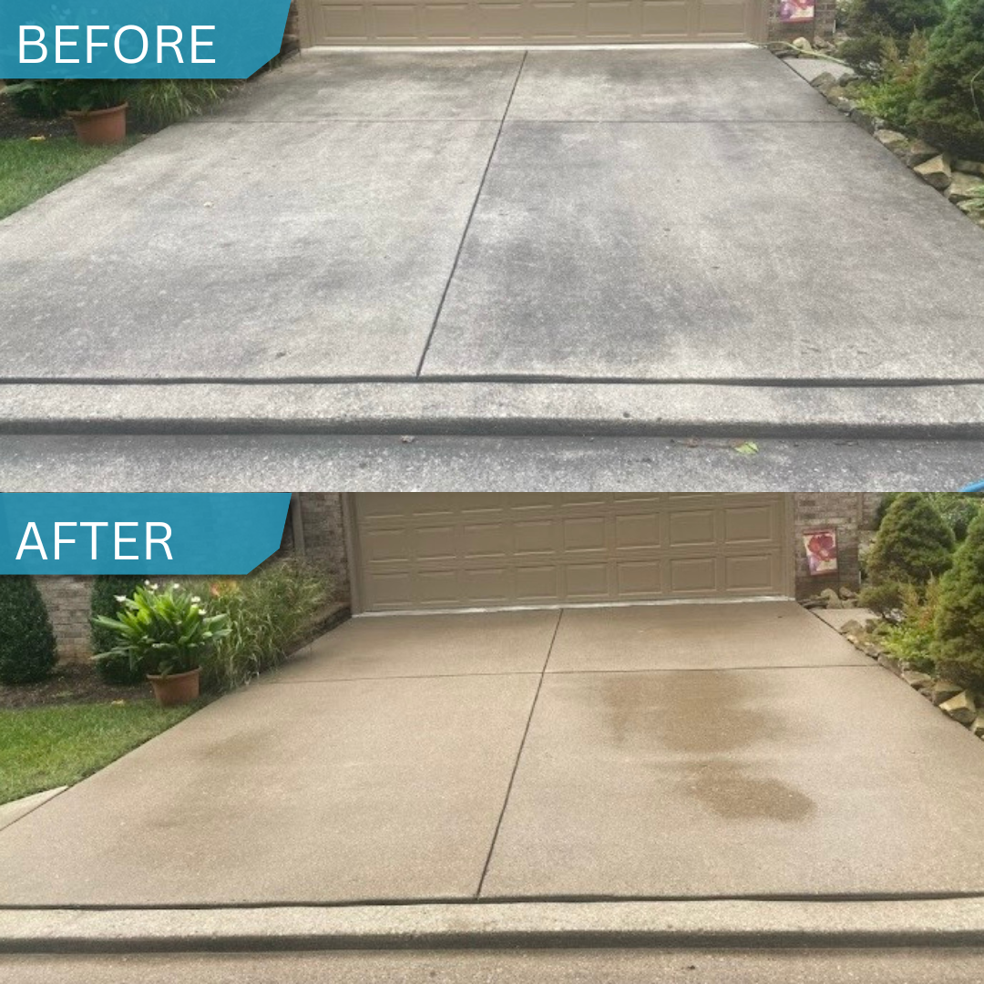 Front yard with a house being washed, driveway with wet area, lawn, trees, and a portable water pressure washer.