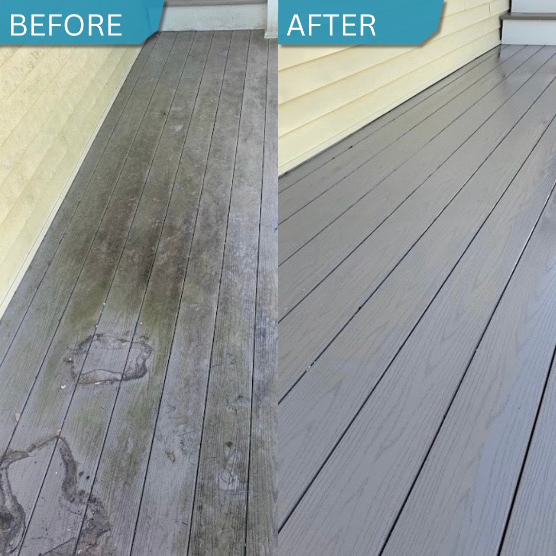 Comparison of a clean, newly painted wood deck on the left and an older, dirtier, and weathered wood deck with stains and footprints on the right.