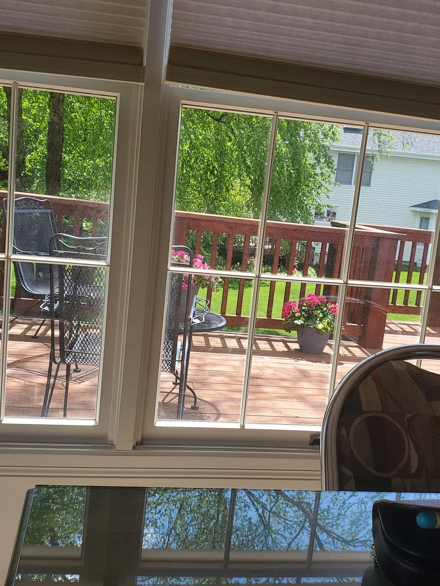 View of a wooden deck seen through a glass sliding door indoors, with pink flowers in a pot on the deck, and trees and a white house in the background.