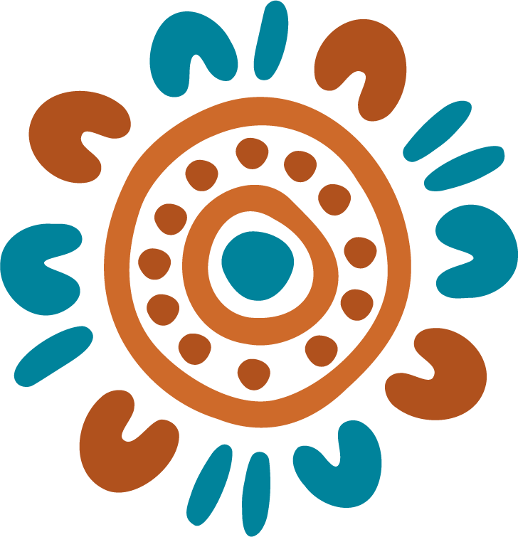 Stylized abstract design featuring concentric circles and teardrop shapes in brown and blue colors.