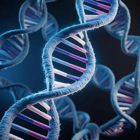 Close-up of DNA double helix strands.