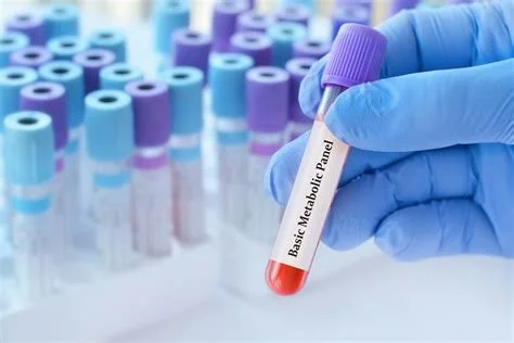 A gloved hand holding a blood sample test tube labeled 'Basic Metabolic Panel' with multiple test tubes in the background.