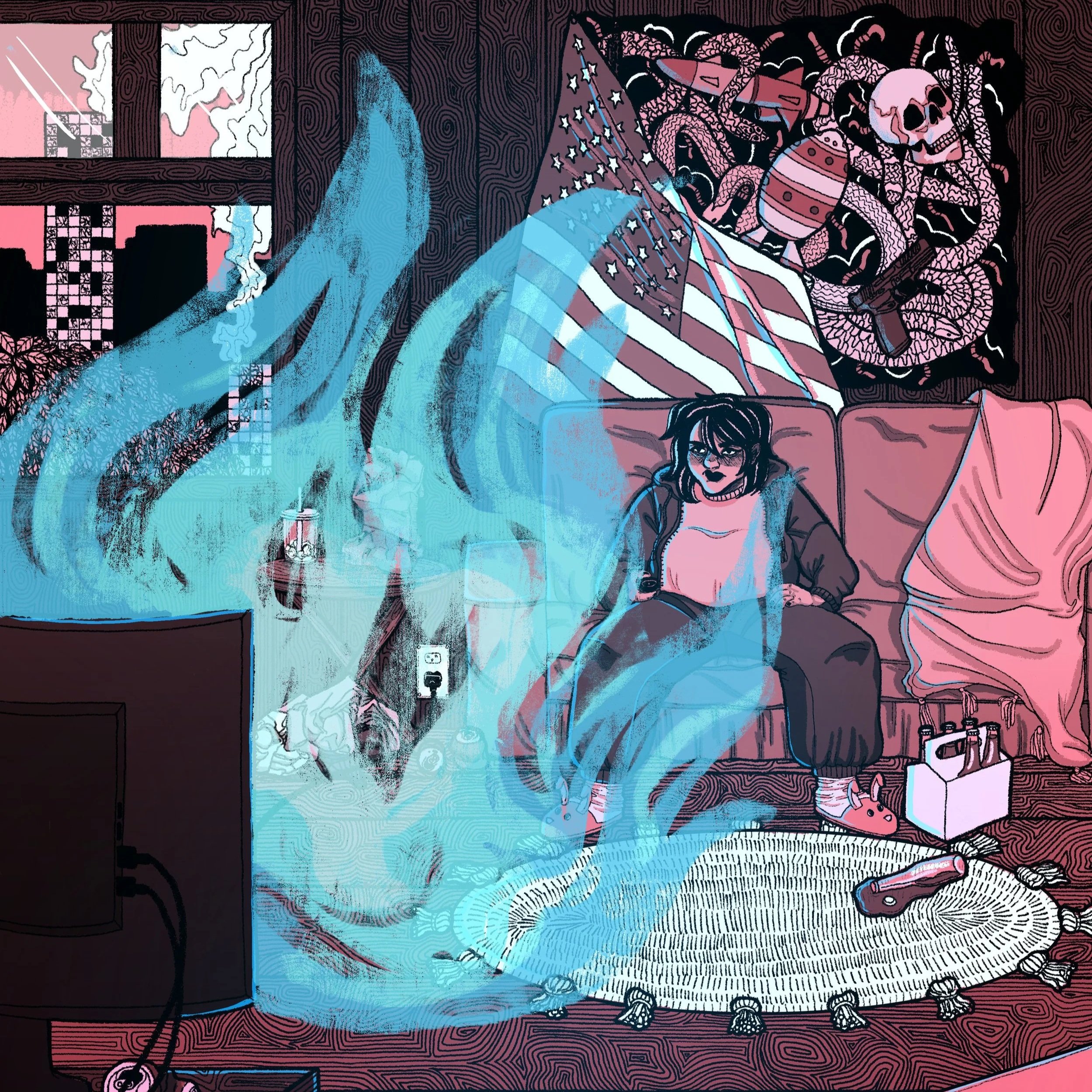 A woman with dark hair and glasses sitting on a couch in a room decorated with skulls, snakes, and the American flag hung on the wall.