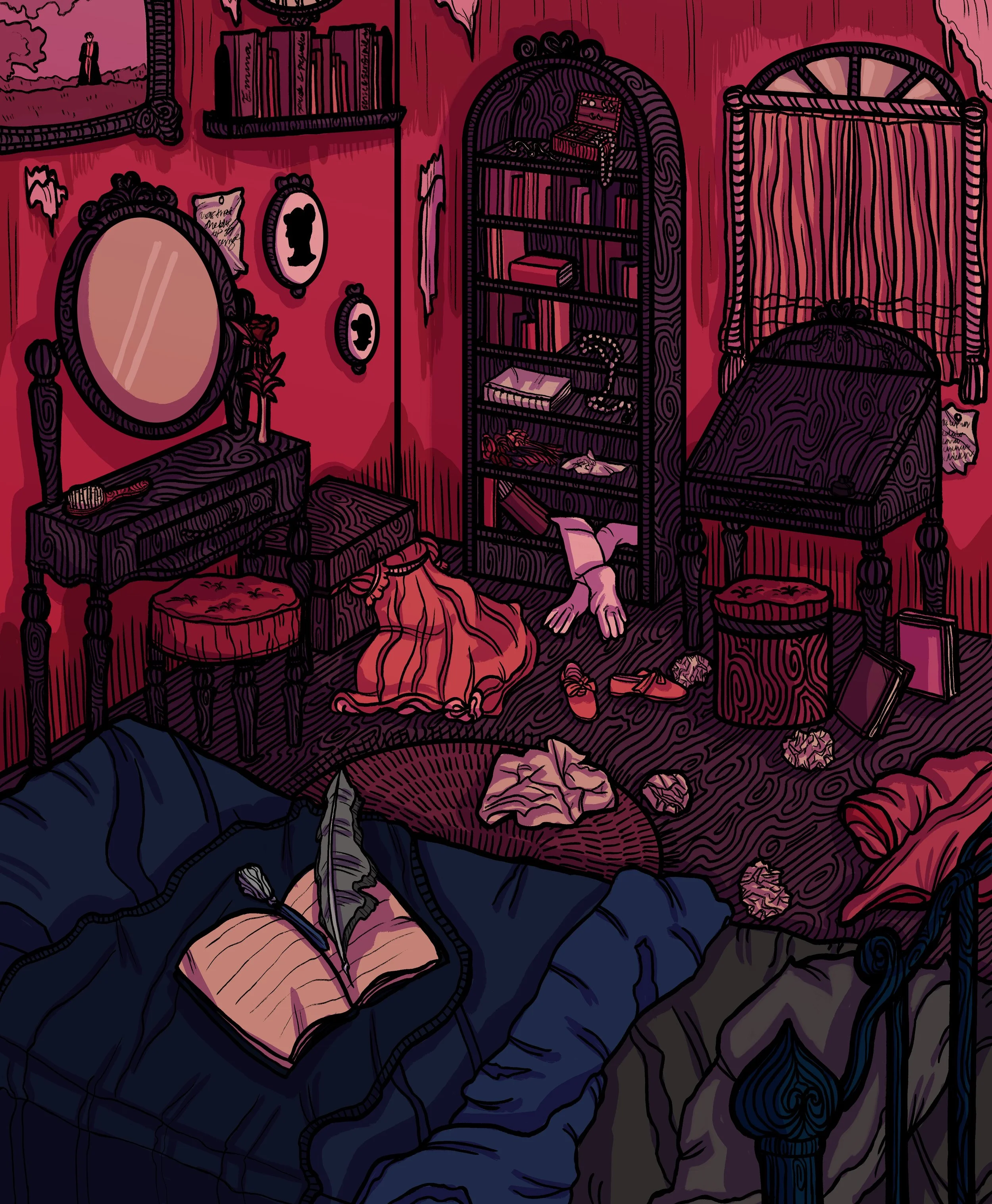 A cluttered, dark red bedroom with a blue bed in the foreground, an open book with a quill on the bed, messy papers on the floor, an ornate vanity with a mirror, a small stool, a bookshelf filled with books, and a canopy bed with hanging curtains, su