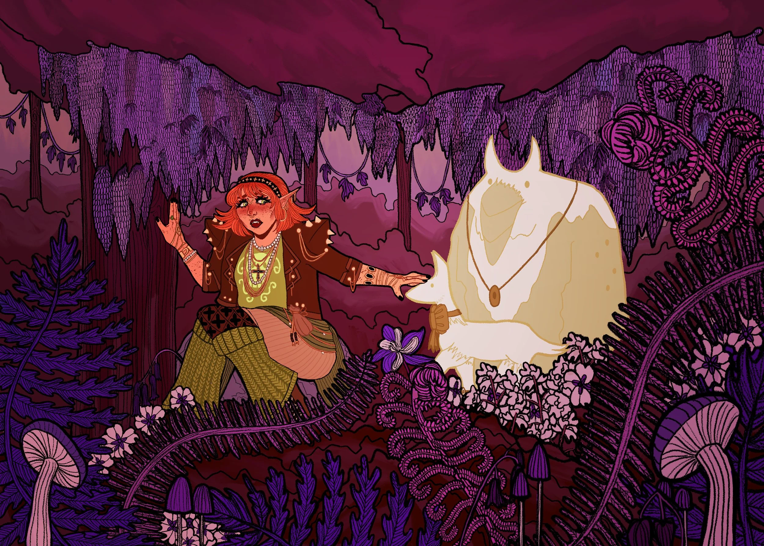 Fantasy illustration of a red-haired elf woman with jewelry and leather clothing in a purple forest, petting a white unicorn with a long horn and necklaces, surrounded by large mushrooms and detailed plants.