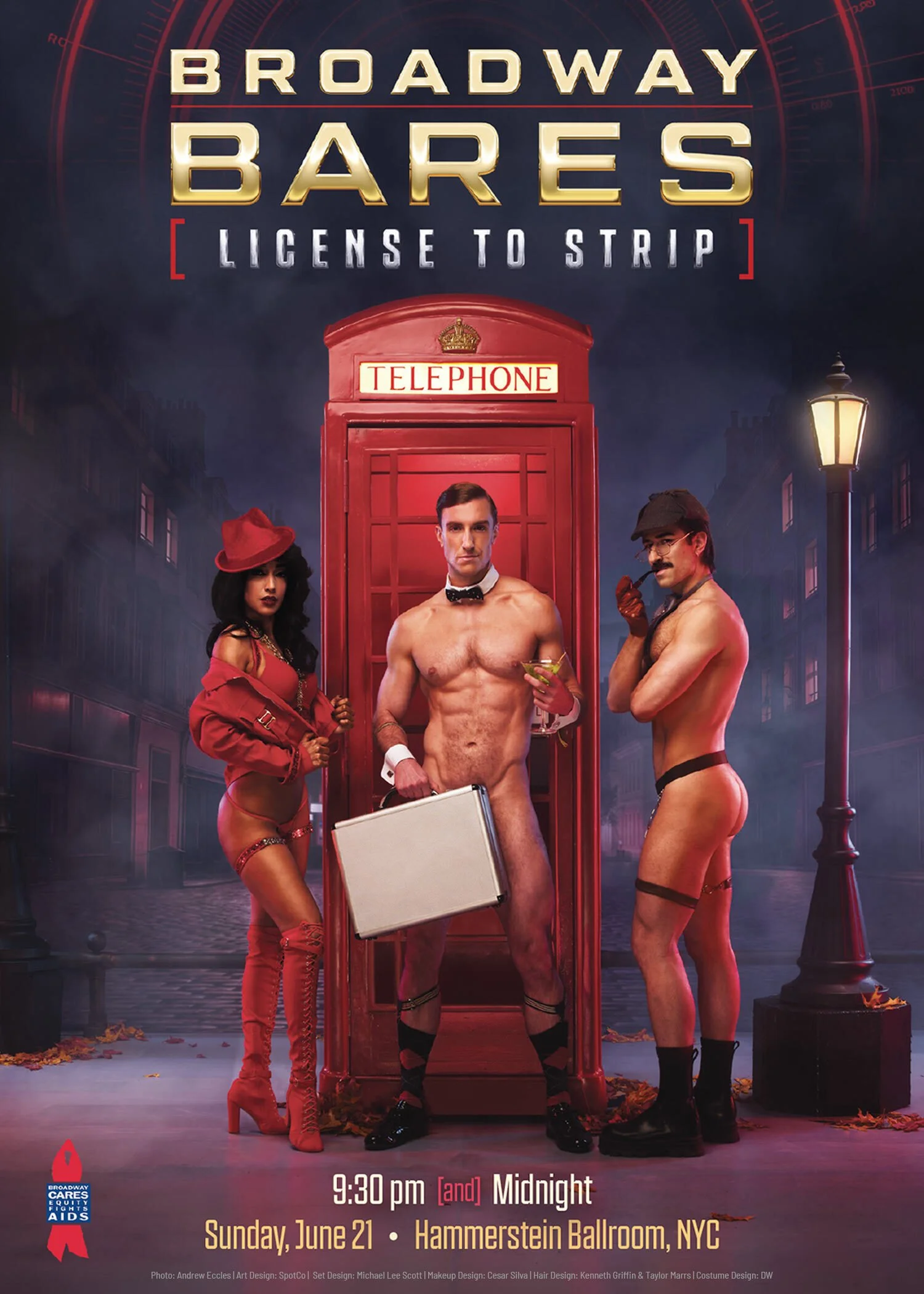 Three adults dressed in revealing clothing stand in front of a red telephone booth on a city street at night. The setting includes cobblestone pavement, a streetlamp, and fallen leaves, with a dark sky and buildings in the background. The poster promotes an event called Broadway Bares, with the date, time, and location specified, along with a logo for Broadway Cares/Equity Fights AIDS.