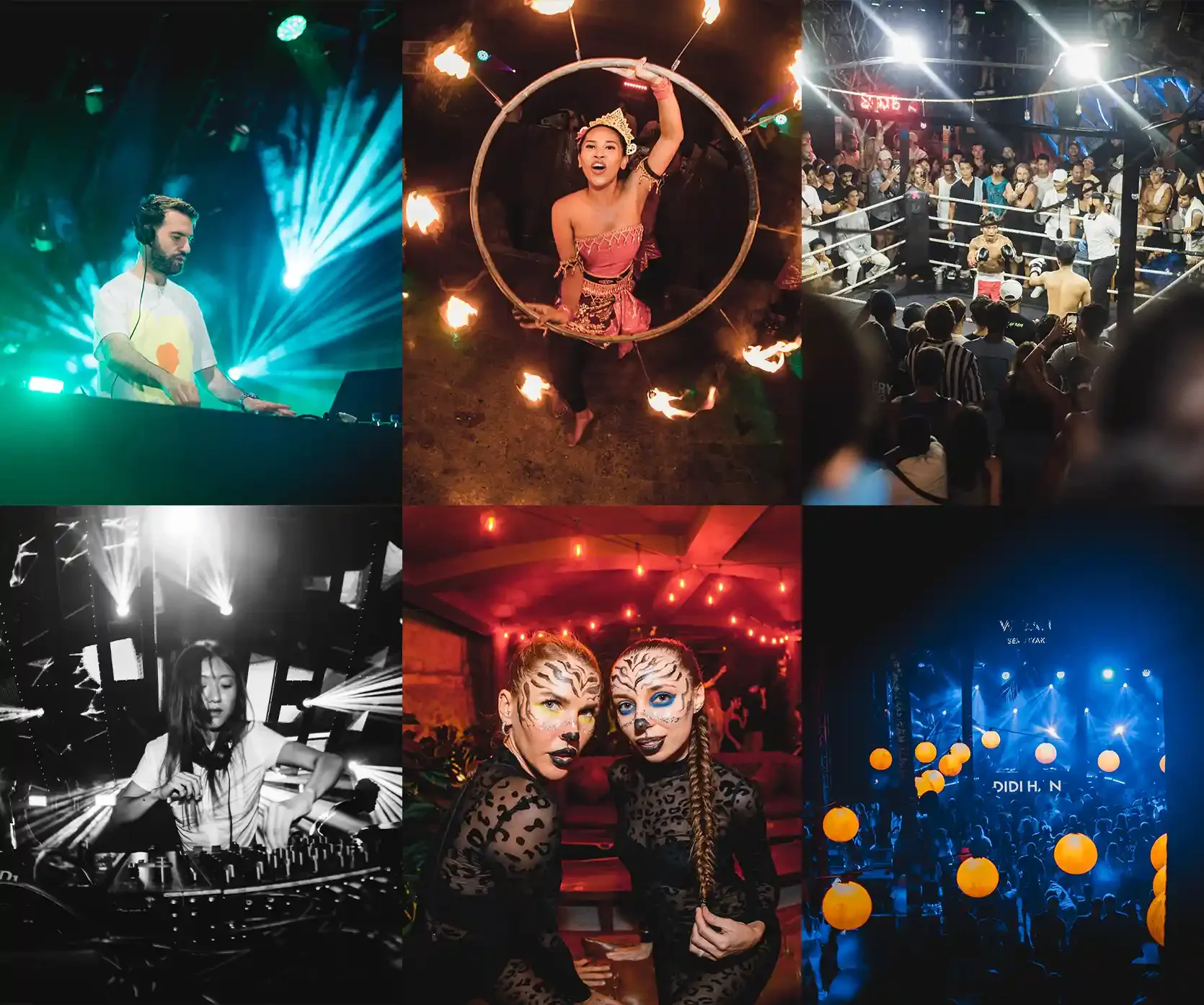 Collage of six photos from a nightclub party: a DJ playing music, a woman performing with fire rings, a boxing match with a crowd, a female DJ in black and white, two women with dramatic face paint, and a crowded dance floor with hanging lights.