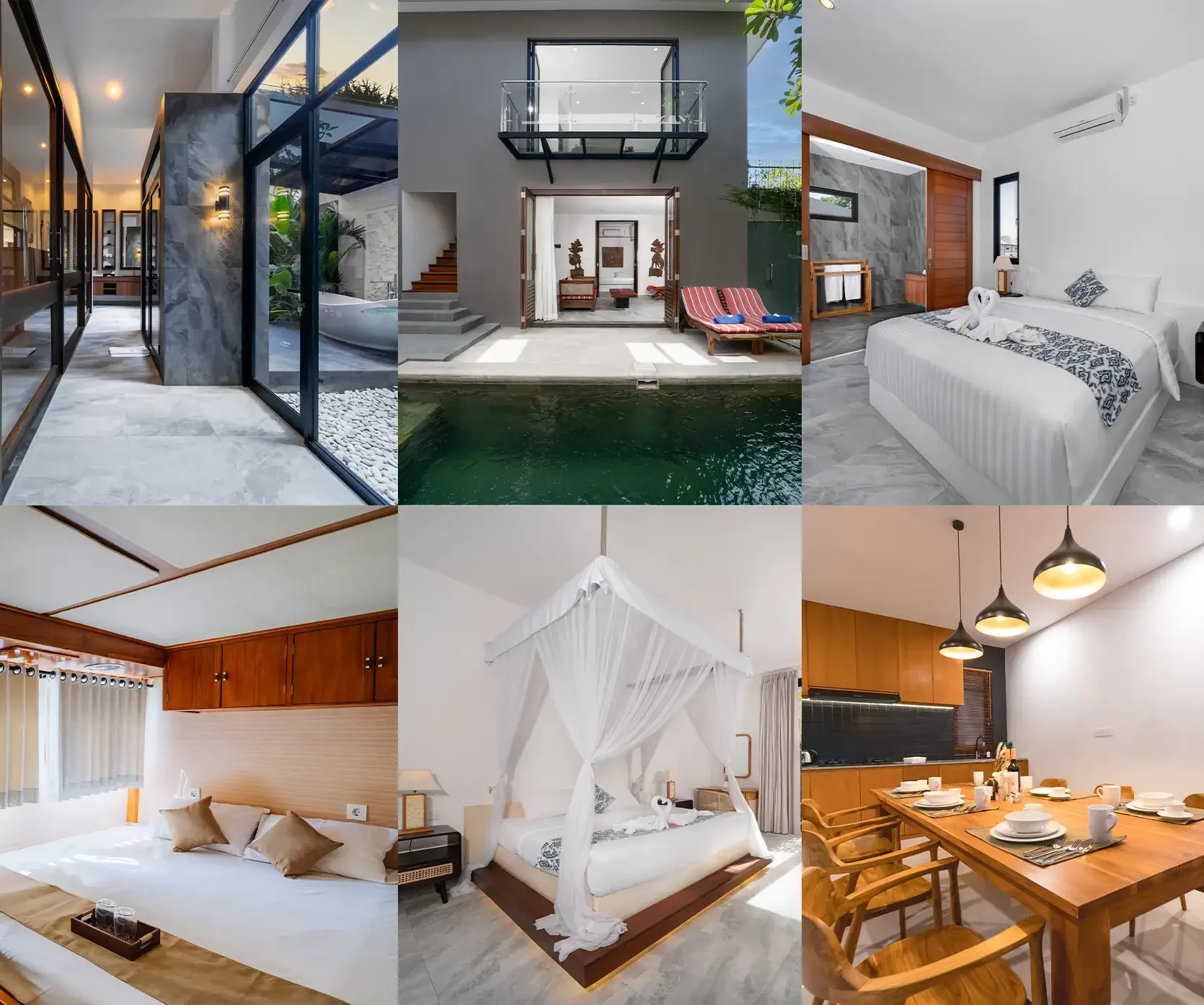 A collage of six images showcasing various features of a modern house, including a glass-walled hallway with marble flooring and interior lighting, an outdoor patio with a pool and lounge chairs, a bright white bedroom with a large bed and towel art, a bedroom with a canopy bed, a dining area with a wooden table set for a meal, and a kitchen with wooden cabinets and pendant lighting.