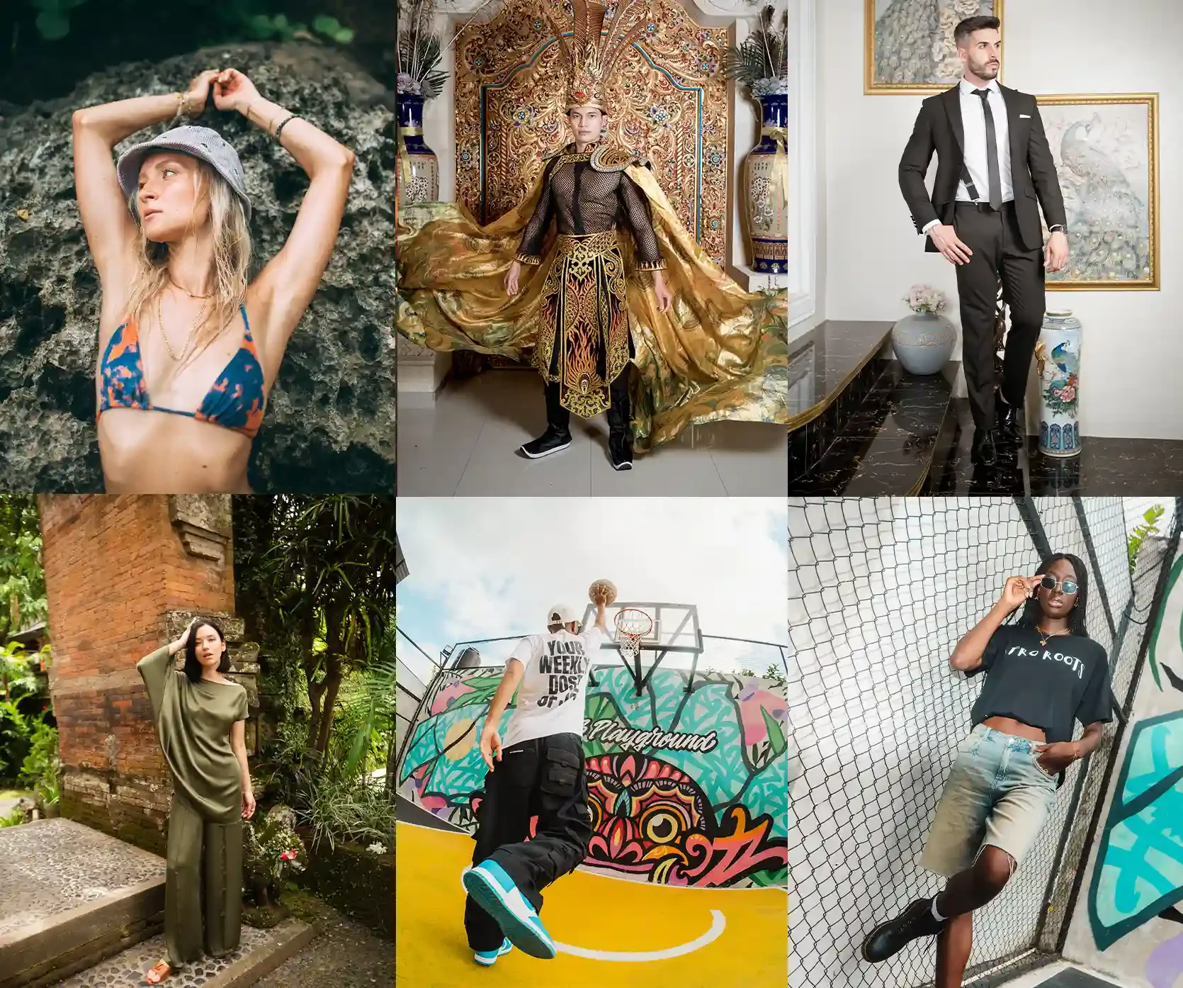 Collage of six women in different settings and outfits: one in a bikini on rocks, one in traditional costume in front of ornate backdrop, one in formal suit indoors, one in casual outdoor attire, one playing basketball outdoors, and one in casual outfit on a sports court.