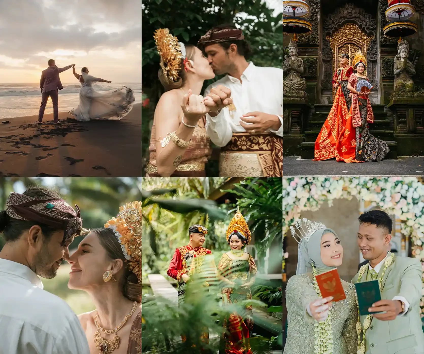 A collage of six images showcasing traditional and modern wedding ceremonies from different cultures, including a beach wedding, couple kissing in traditional attire, dancers in cultural costumes, and couples exchanging vows or holding wedding accessories.