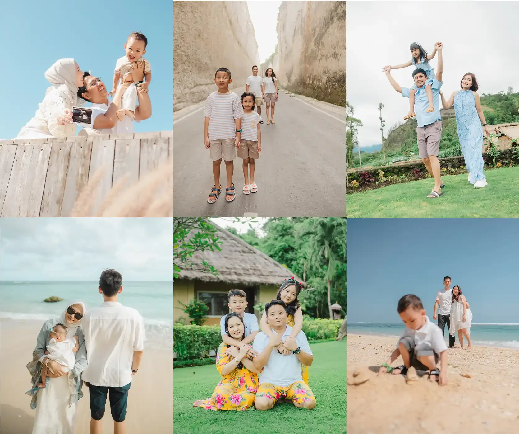 Collage of six family vacation photos featuring families on the beach, in nature, and sightseeing, with children and adults enjoying outdoor activities.