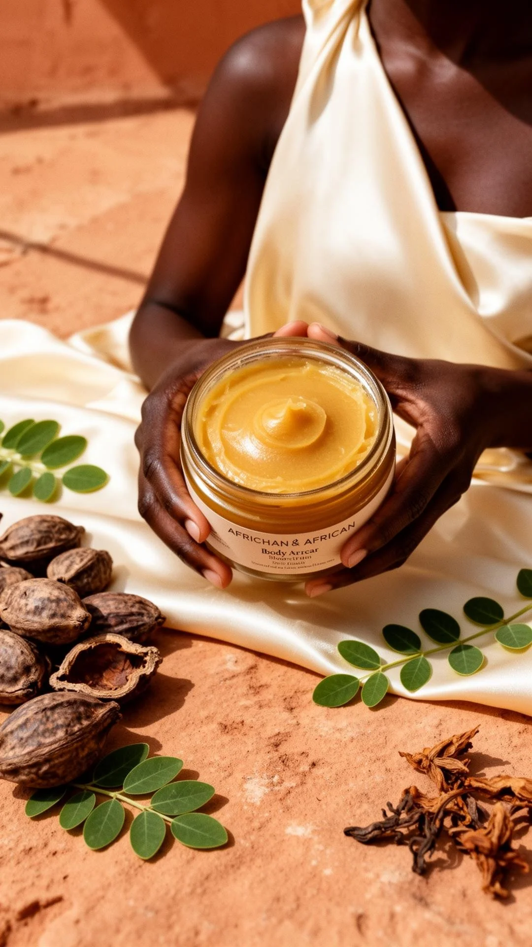 Close-up of a person with dark skin holding a jar of body butter labeled African & African Body Butter on a textured surface. Surrounding the jar are green leaves, dried herbs, and nuts, with a cream-colored fabric underneath.