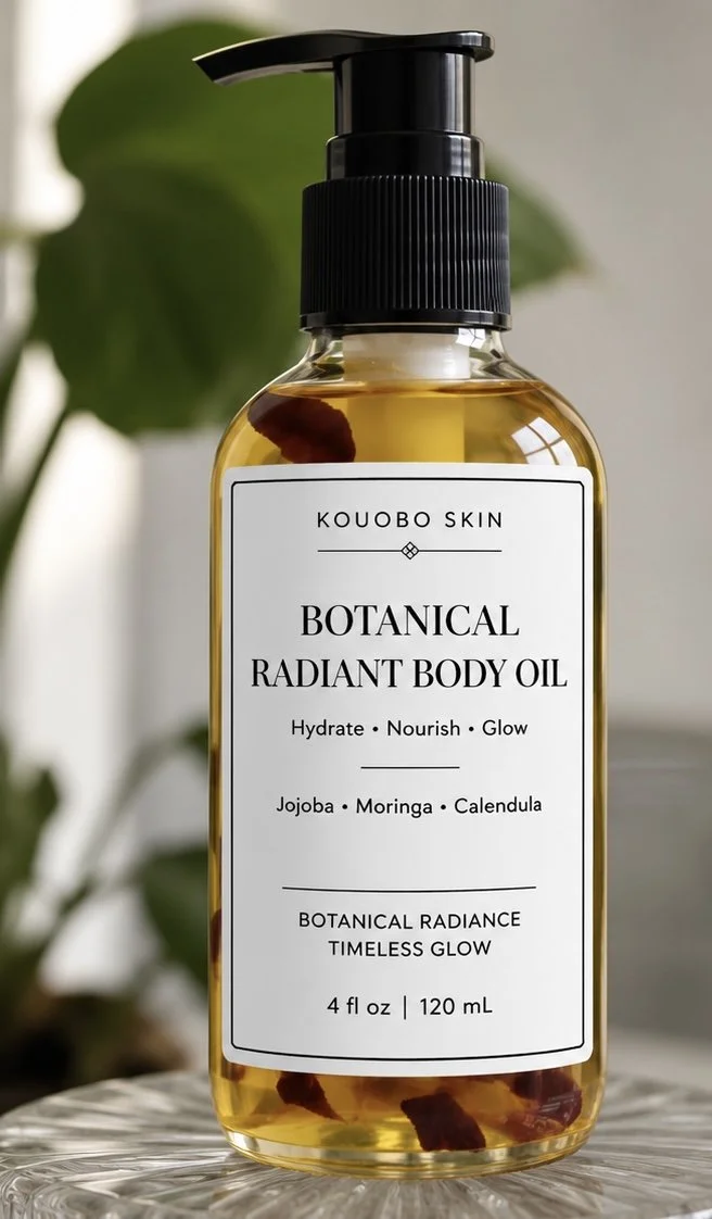 A clear plastic bottle of KOUBO SKIN botanical radiant body oil with a black pump dispenser, sitting on a glass surface with blurred green plant leaves in the background.