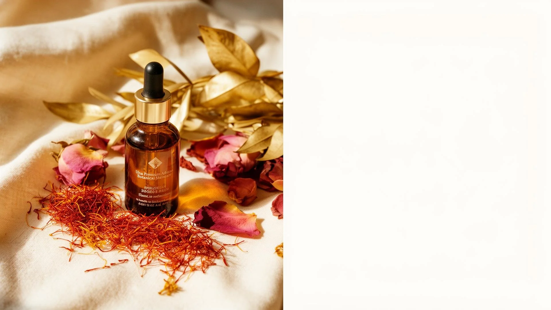 A brown glass dropper bottle labeled "Ultra Premium Africa Botanical Skincare" surrounded by dried rose petals, yellow leaves, red threads, and pink flower petals on a white fabric surface.