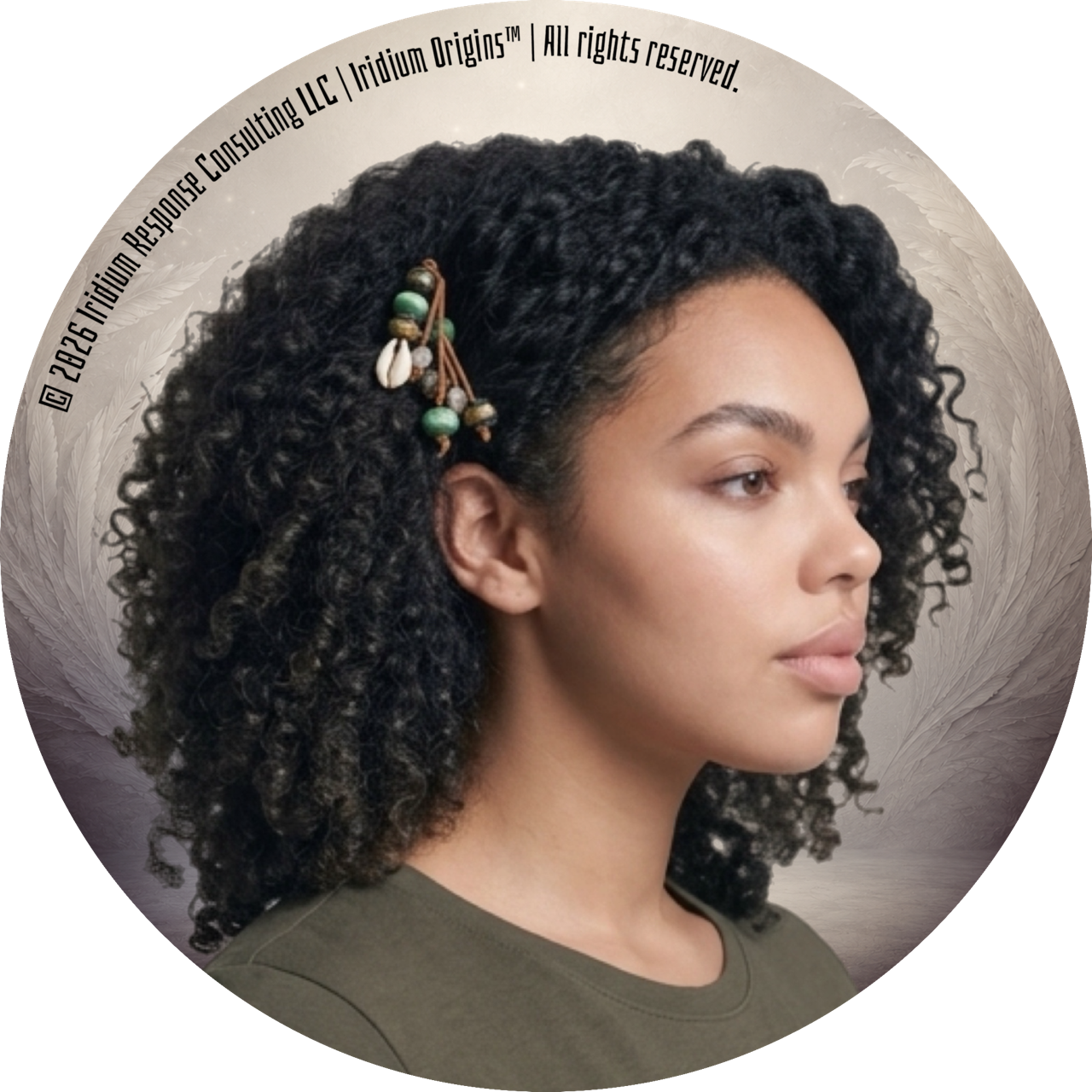 A woman with dark curly hair wearing a hairpin decorated with beads and shells, facing to the right with a neutral expression.