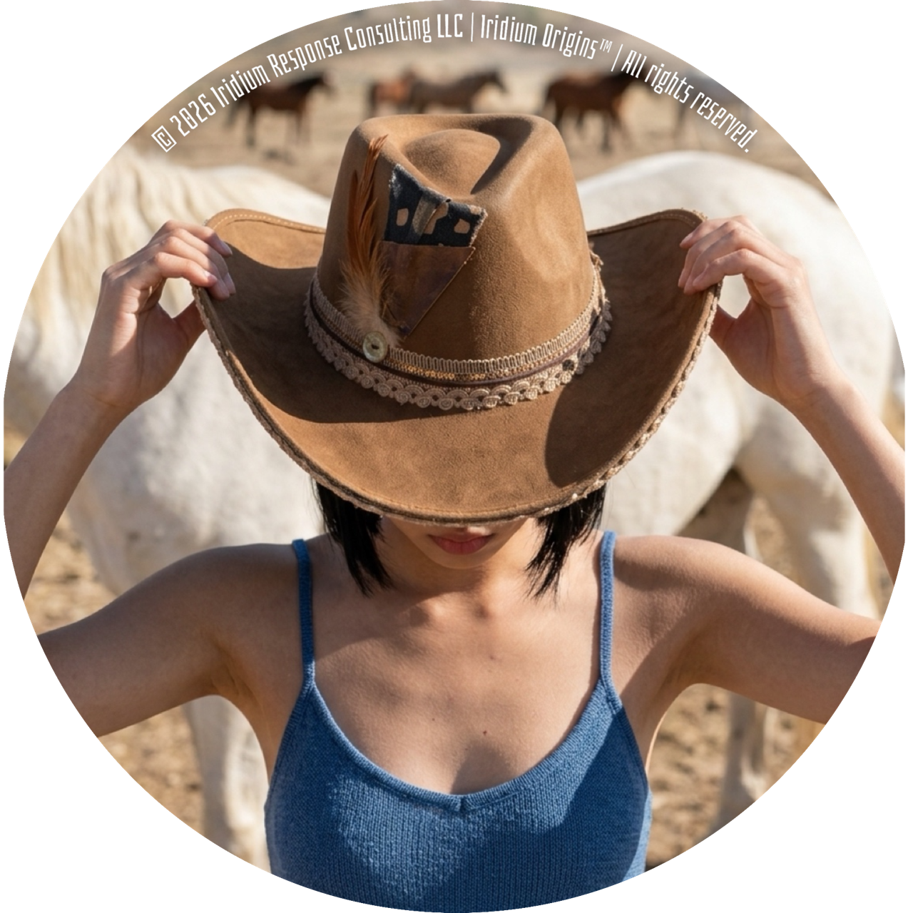 A woman holding a decorated cowboy hat in front of her face with horses in the background.