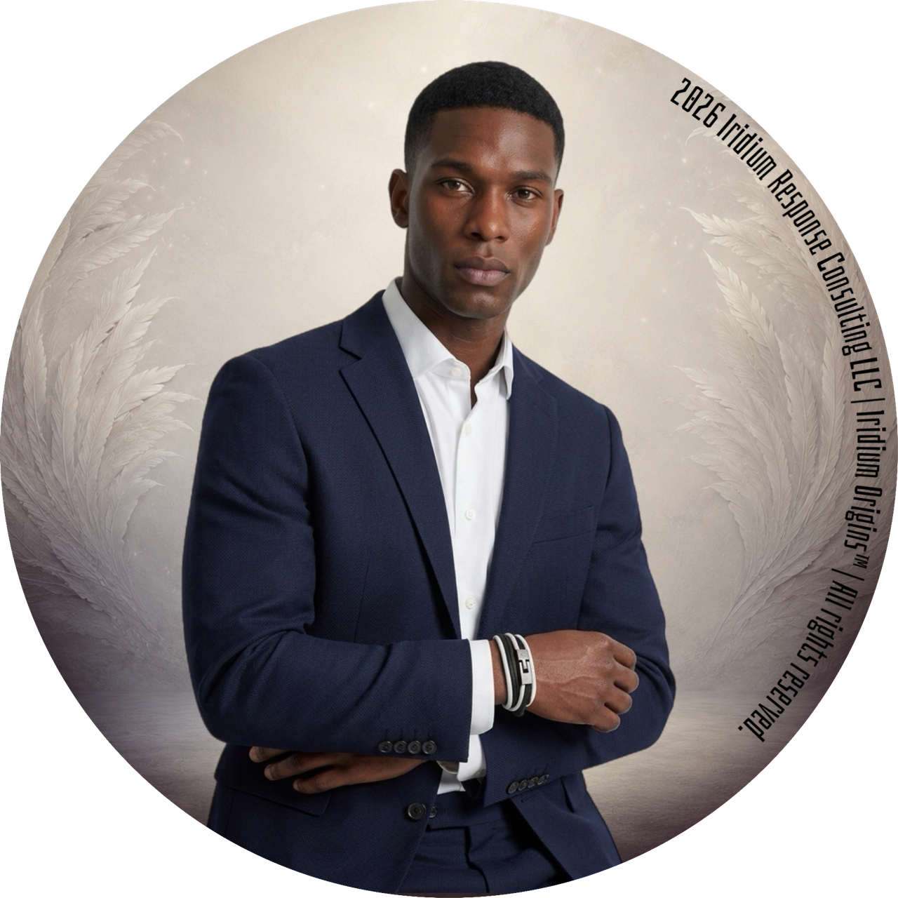 A well-dressed African American man in a blue suit and white shirt, standing confidently with arms crossed in front of a light-colored background with feather-like designs and text around the edges.