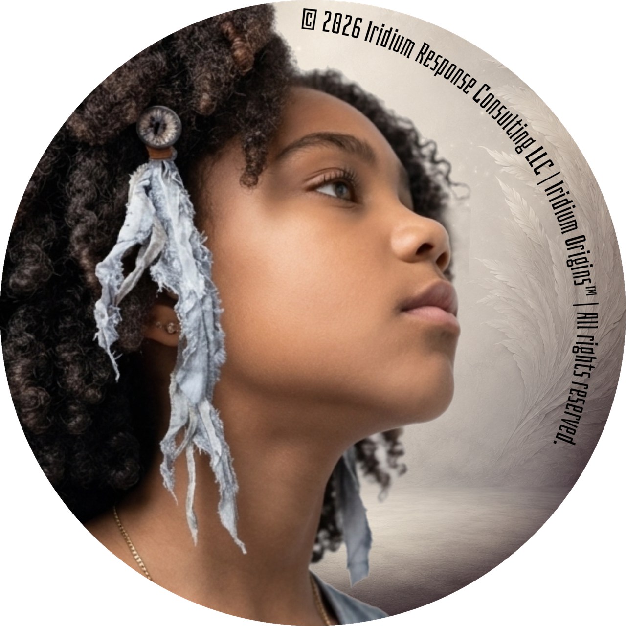 Profile of a young woman with curly hair, wearing head adornments and earrings, looking to the right, with a neutral background. Text around the image mentions 2026 Indium Response Consulting LLC and an organization of origin.