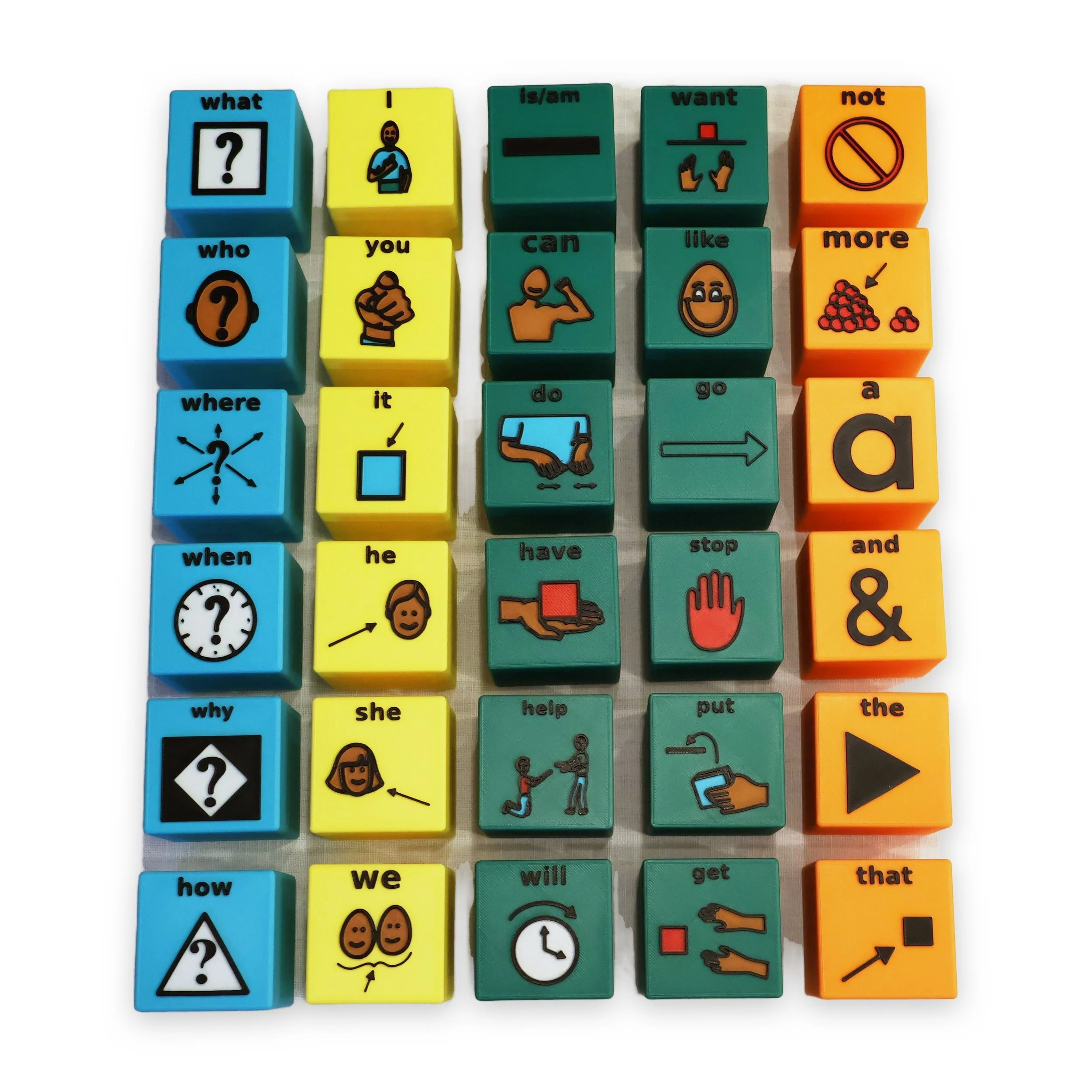 All 30 Tactile Voices PCS core word blocks arranged in a grid, color-coded with the Fitzgerald Key
