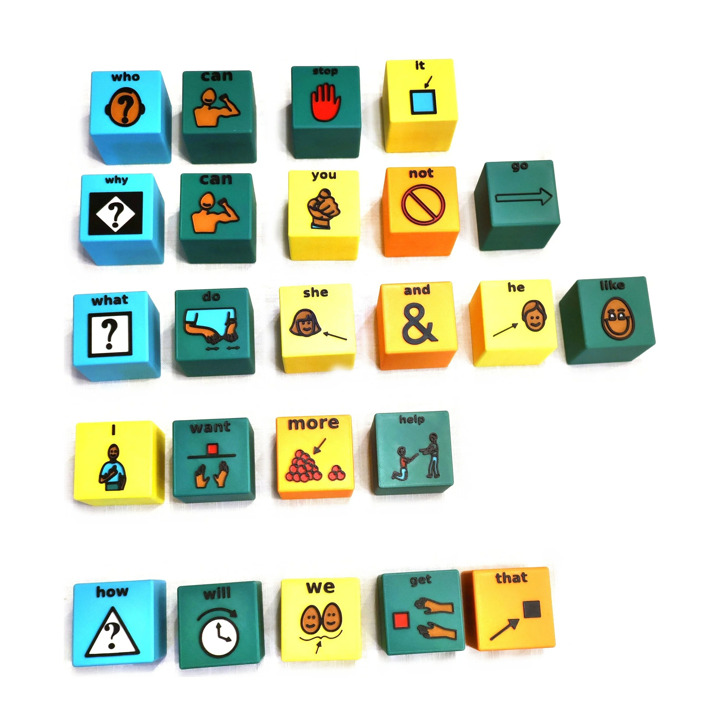 Tactile Voices PCS core word blocks grouped in rows, including who, what, why, how, I, want, more and help
