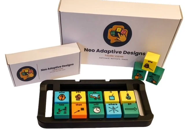 Tactile Voices AAC block set in its sentence-building storage board with Neo Adaptive Designs packaging