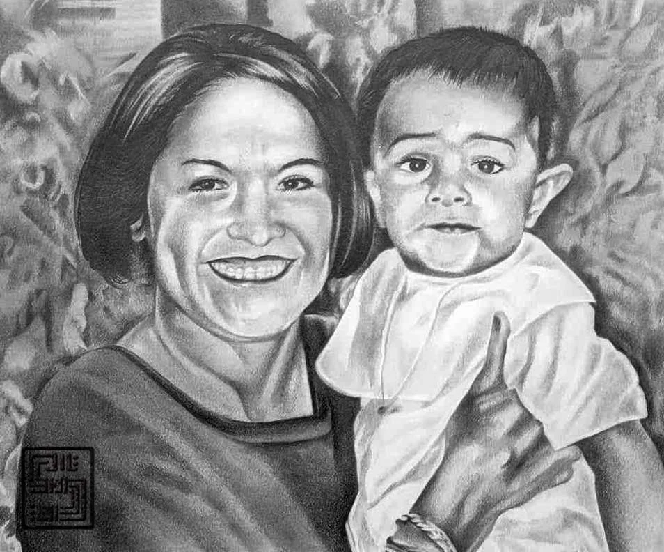Black and white drawing of a woman with short hair smiling and holding a young child with short hair and a bib, against a leafy background.