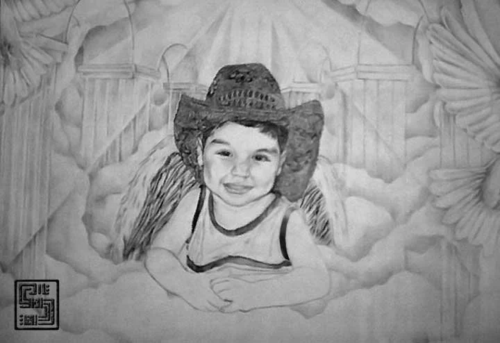 Drawing of a smiling young boy wearing a cowboy hat, lying on a bed with pillows and drapes around him.