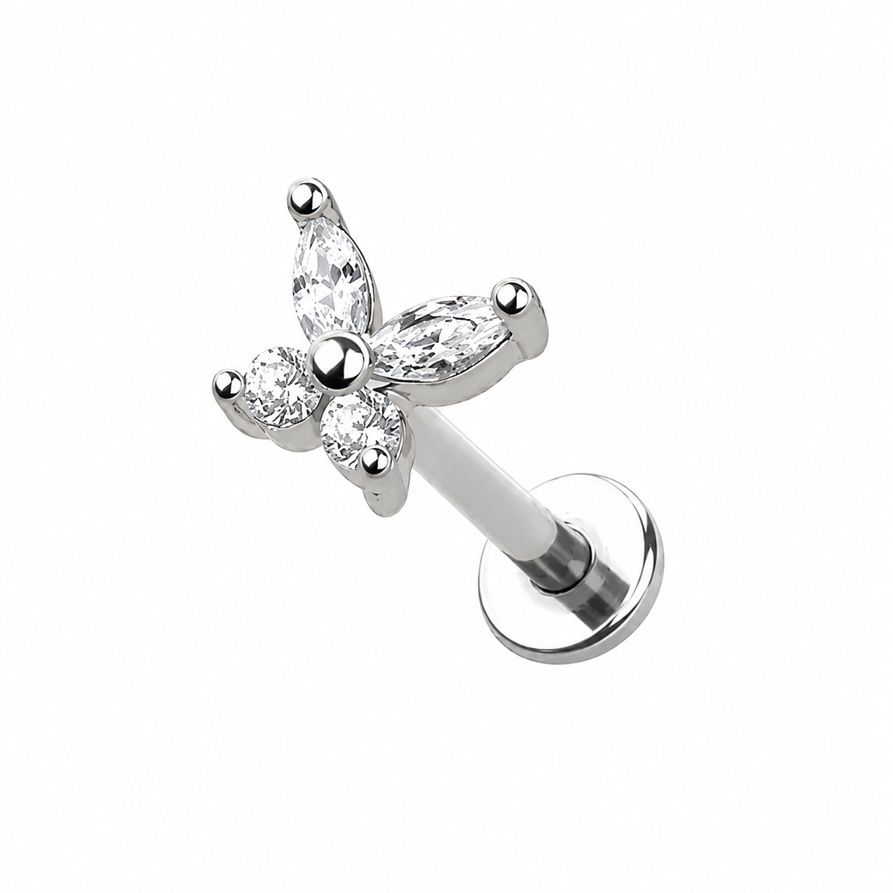 Butterfly Crystal Push Pin Flatback Labret – 18G + Free Taper