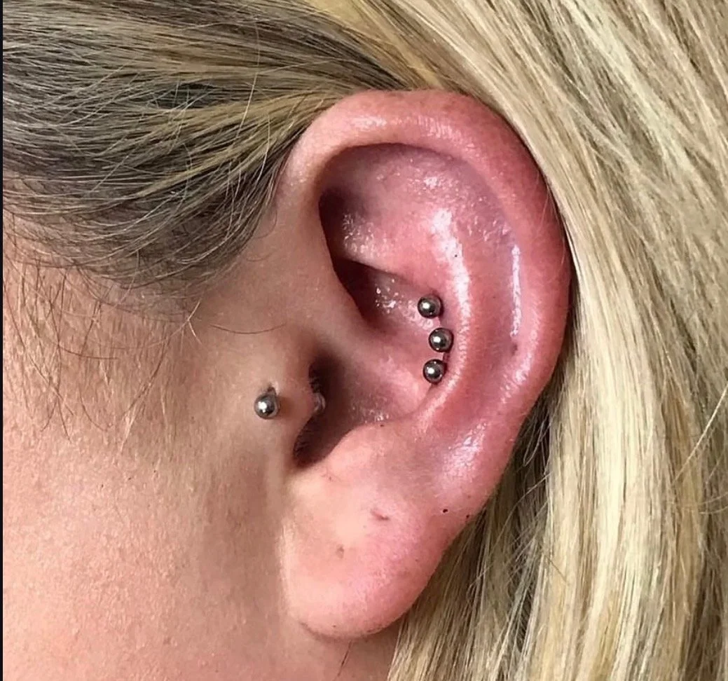 Close-up view of a person's ear with four small metal piercings in the upper cartilage and two in the lower lobe, with blonde hair surrounding the ear.