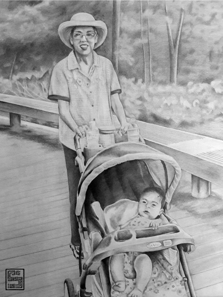 A woman with a wide-brimmed hat pushing a baby stroller on a boardwalk, with trees and a painted background resembling nature scenery.