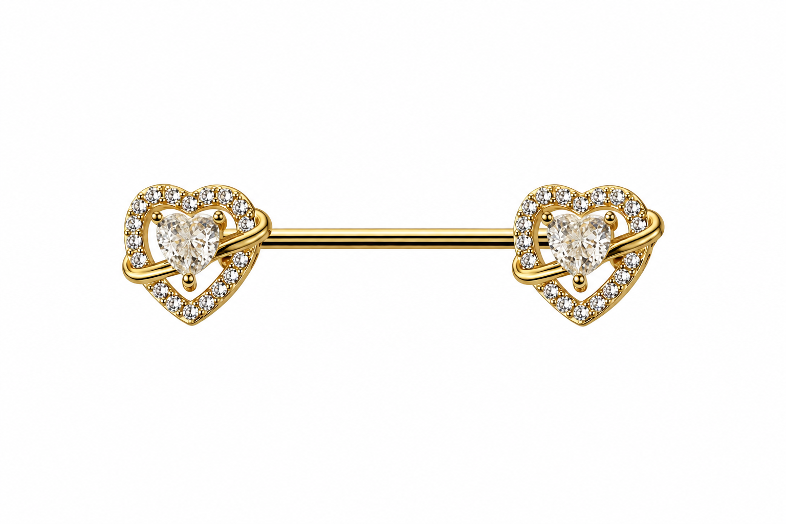 Gold Heart Nipple Barbell with Cubic Zirconia Pair/Set of 2