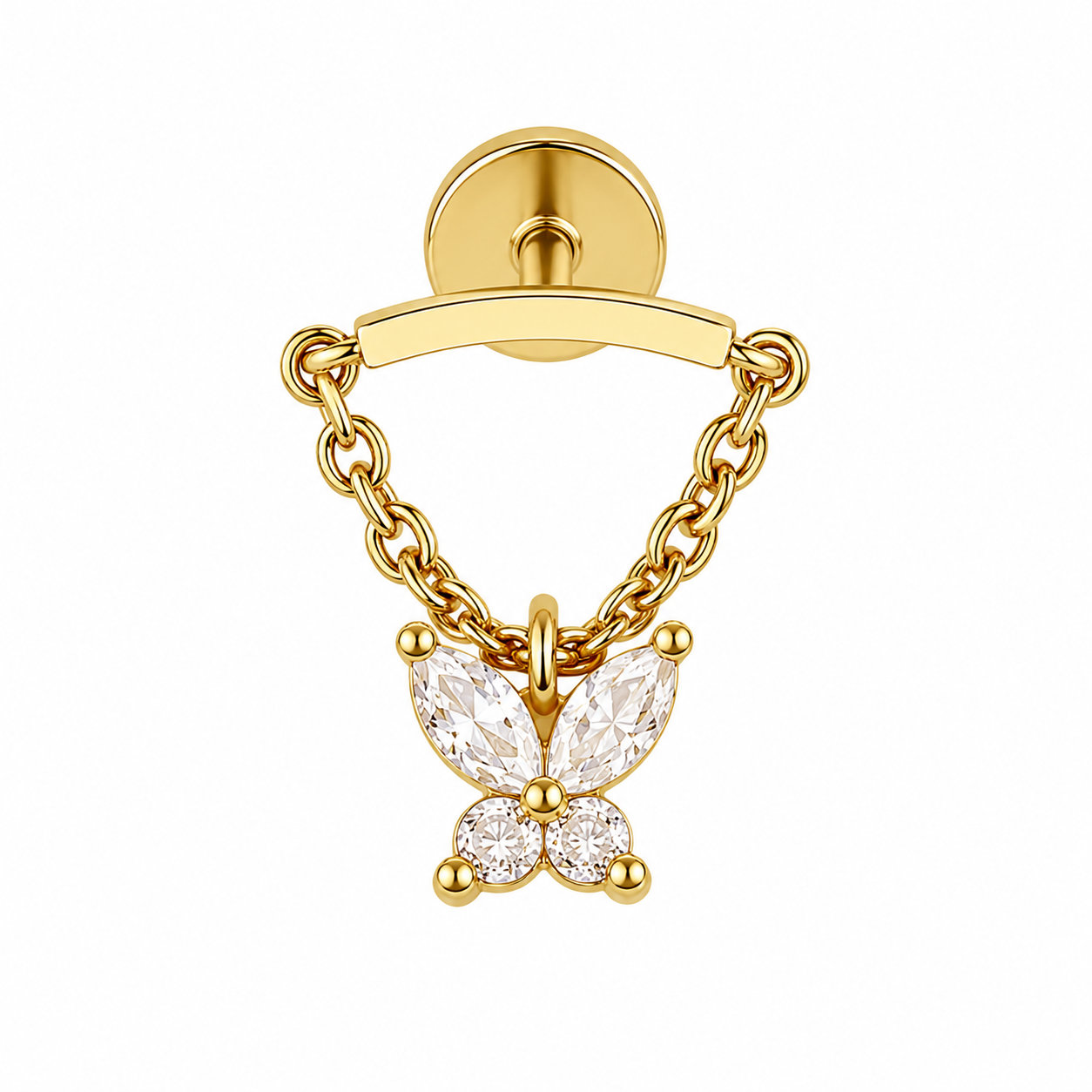 Butterfly CZ Dangle Threadless Push Pin Labret 18G + Free Taper