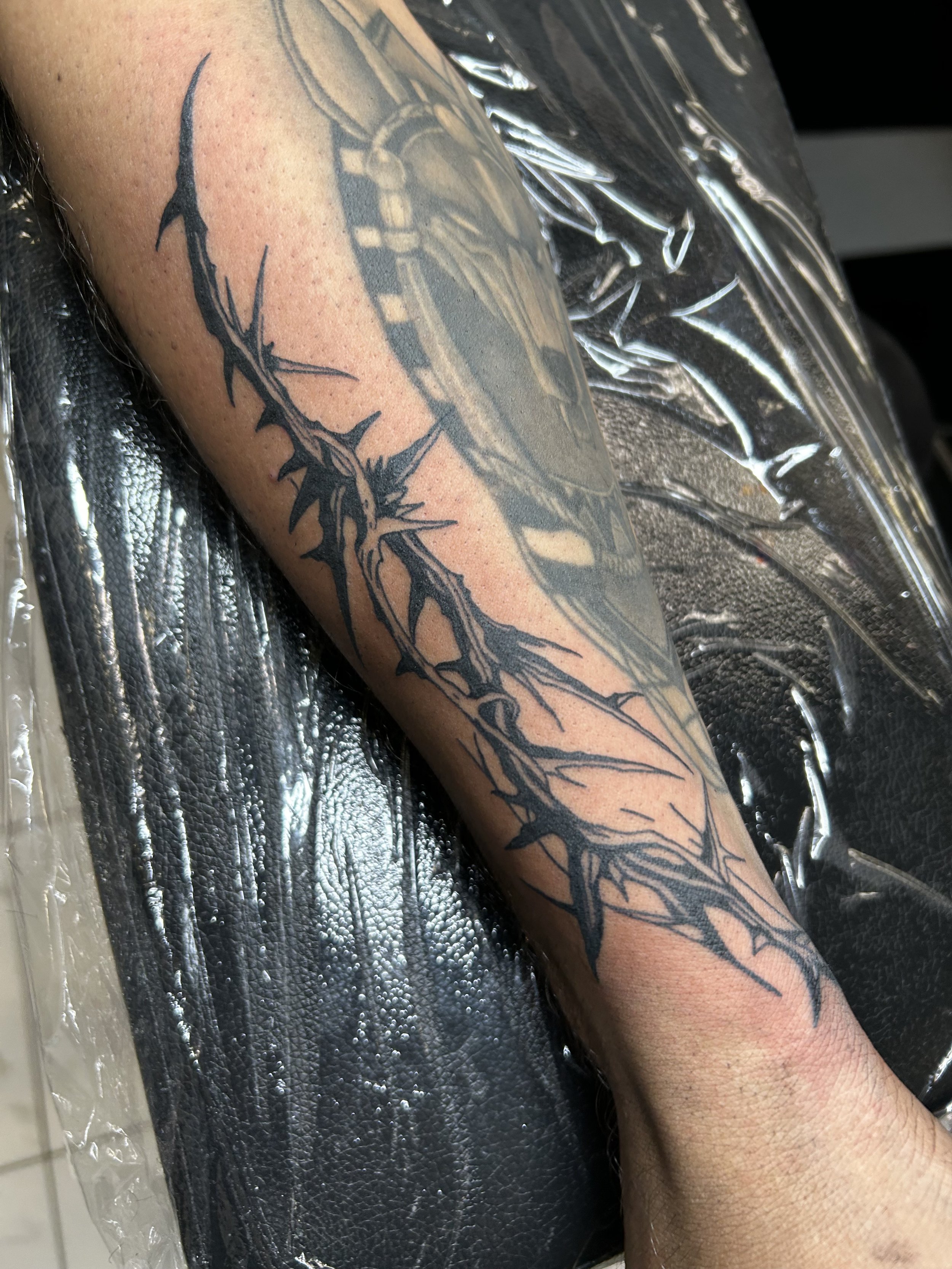 A person's forearm with a black tattoo of thorny branches.
