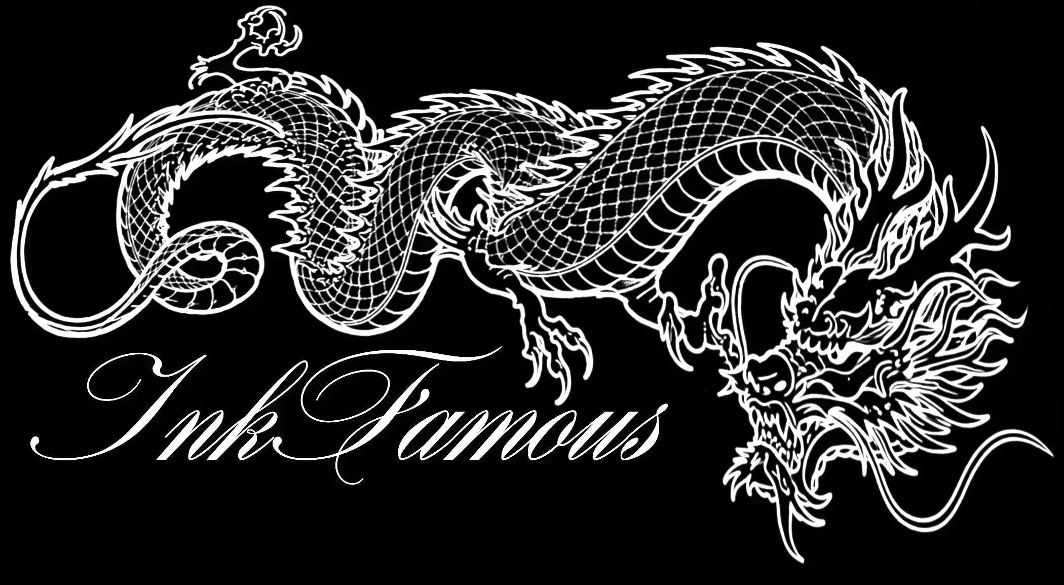 White outline of a dragon with the words "Ink Famous" written below it on a black background.